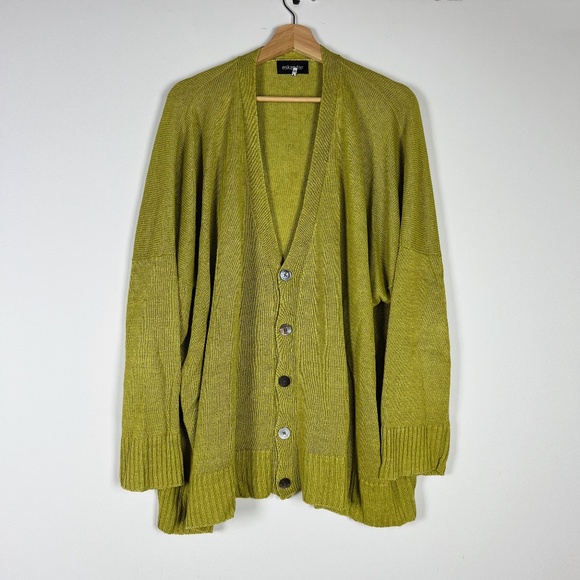 Eskandar Wide Square Boxy Linen V Neck Button Front Cardigan Sweater Olive Oil - Picture 1 of 4